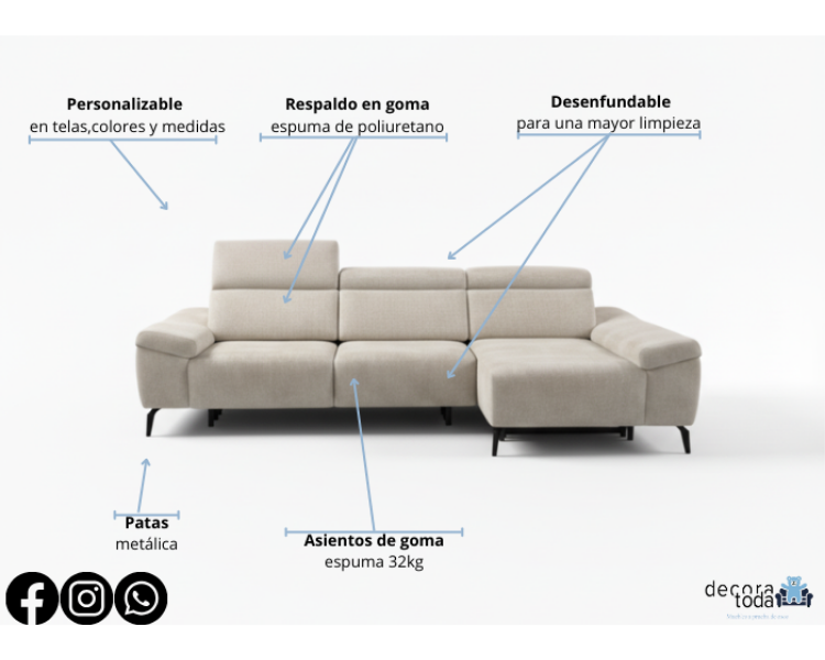 Sofá Chaise Longue con Asientos Deslizantes y Respaldo Reclinable – Nube