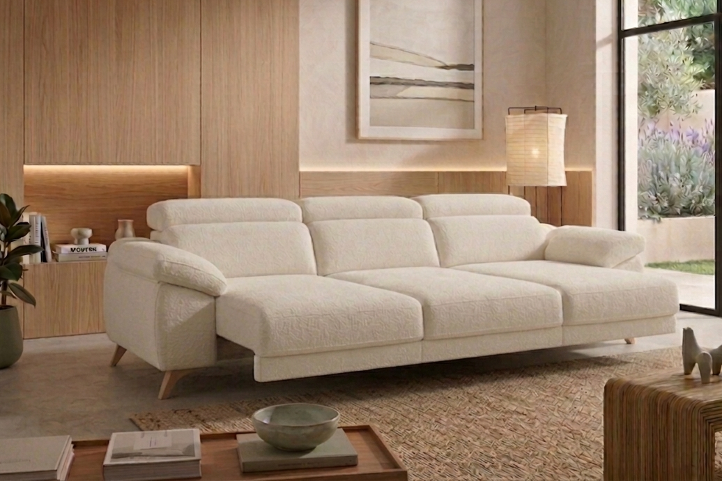 Sofá Valencia patas madera fondo blanco cabezal efecto italiano reclinable