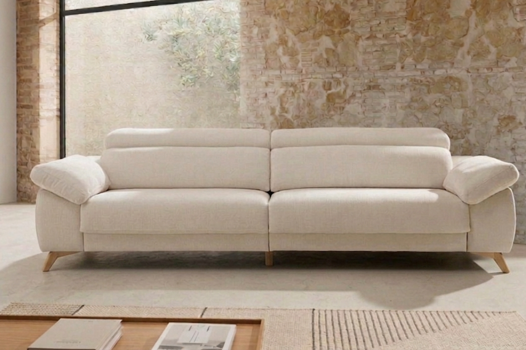 Sofá Valencia fondo blanco vista lateral asientos deslizantes patas madera