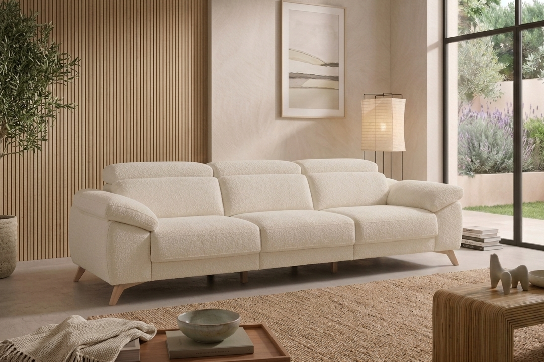 Sofá Valencia fondo blanco frontal brazos fibra siliconada efecto almohada patas madera