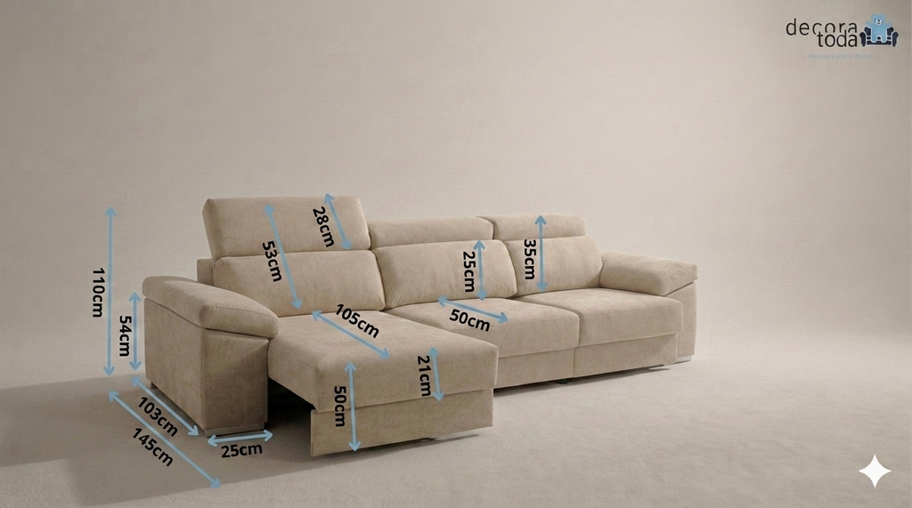 Sofá Sky chaise longue deslizante convertible en cama arcón integrado Decoratoda